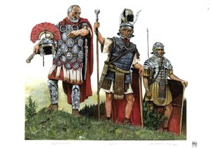 Antik Roma: bir centurion, optio (centurionlar ve decurionlar arasındaki haberci) ve bir lejyoner. 2. yüzyıl