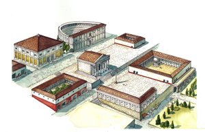 Antik Roma: Napoli şehrinin merkezinin amfitiyatro, tapınak ile yeniden oluşturulması. İtalya by Giorgio Albertini