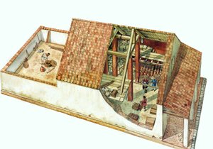 Bizans mimarisi: İmparator Justinianus zamanında Ravenna (Ravenna) şehrinin limanı olan Classe rıhtım bölgesinin deposu olan bir Class mağazasının rekonstrüksiyonu. İtalya 7. yüzyıl. Binanın bir bölümü depolanan malları görmenizi sağlar. by Giorgio Albertini