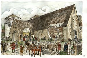 Gıda maddelerinin, yiyeceklerin, erzakların 14. yüzyılda bir Fransız manastırının ahırında teslimatı, manastır binalarının yapısının faaliyetleri ve ambarların içini görmeye izin veren kesimleri by Giorgio Albertini