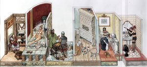 Günlük yaşam: evlerin içindeki ısıtma sistemlerinin evrimi, solda antik dönemde közle ısınan bir adam, buhar banyosunda genç bir kadın, 19. yüzyılda Orta Çağ