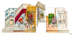 Gündelik yaşam: sıhhi sistemlerin ve hijyenin evrimi: antik çağlardan modern zamanlara tuvalet, klozet, dolap, su tahliye sistemini temsil eden pano, soldan sağa, ortadaki tuvaletlerin ortasında topraktan kesilmiş bir delik by Giorgio Albertini