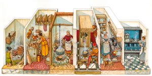 Günlük yaşam: ocakların ve yemek pişirme sistemlerinin evrimi, soldan sağa, antik mutfak, ortaçağ mutfak merkezi, sağ ocaklar ve daha modern ocaklar. by Giorgio Albertini