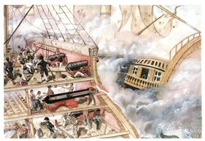 Napolyon Savaşı: 21/10/1805 tarihinde Amiral Villeneuve komutasındaki Fransız-İspanyol filosu ile Koramiral Nelson komutasındaki İngiliz filosu arasında yapılan Trafalgar Savaşı. Geminin iç kısmını gösteren kesit, s by Giorgio Albertini