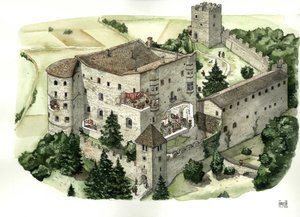 Ortaçağ mimarisi: 16. yüzyılda kalenin odalarında yaşayanların hayatını görmeyi sağlayan kesiklerle Pergine kalesinin görünümü. Pergine Valsugana, Trento, İtalya Giorgio Albertini tarafından çizilmiştir. (Bu yazarın eserlerinin kullanımı by Giorgio Albertini