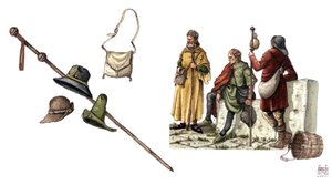 Ortaçağ modası: 12. ve 14. yüzyıllar arasında pelerin kostümü, çanta, şapka, baston, tunik. by Giorgio Albertini