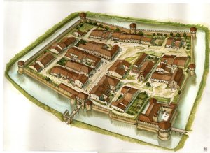 Orta Çağ: 15. yüzyılın sonunda müstahkem Bagnara di Romagna kasabasının görünümü. İtalya by Giorgio Albertini