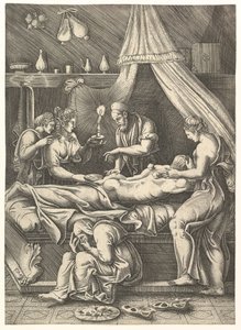 Bir hastalık alegorisi, figürlerle çevrili bir yatakta secde eden adam, yaklaşık. 1540.
