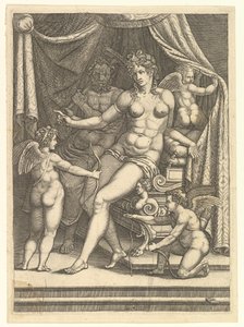 Bir Yatakta Oturmuş Venüs ve Vulkan ve Üç Putti, 1550