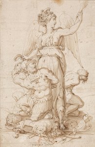 Palmiye dalı ile kanatlı Victoria ve kupalar üzerinde diz çökmüş üç mahkum. 1540 civarında by Giorgio Vasari
