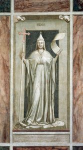 İnanç, Haçı tutan kadın figürü ve Vahyedilmiş Gerçeğin bir parşömen sembolü, bir idolü yok ederken ve Kabala sembollerinin üzerinde dururken, Giotto tarafından, fresk döngüsü The Vices and Virtues, restorasyondan sonra, Scrovegni Şapeli, Padua, Veneto, İta by Giotto (c.1266 1337)