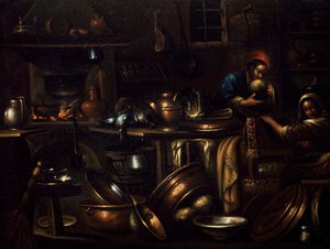 Mutfak iç mekanı, Gian Domenico Valentino (1639-1715), İtalya tarafından yapılan boyama by Giovan Domenico Valentino