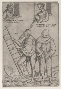 Bir kadın ona yukarıdan su atarken bir adam merdivene tırmanıyor, 1575-99.