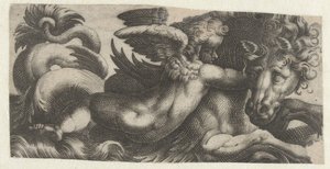 Boynunda bir putto olan denizatı Deniz canavarları olan Frizler (dizi başlığı) by Giovanni Andrea Maglioli