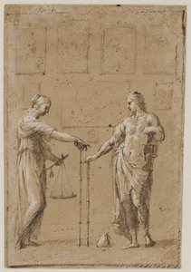 Tablolarla dolu bir duvarın önünde, her biri pullu ve cetvelli, antika kostümlü bir erkek ve bir kadın. Adamın önünde yerde bir çanta by Giovanni Angelo Canini