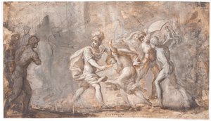 Tarpeia, Sabinlerin kalkanları altında eziliyor by Giovanni Angelo Canini