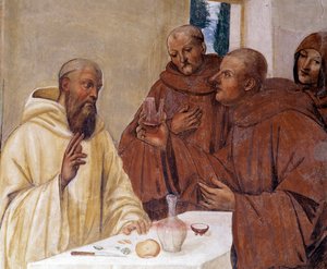 Benedict bir kadeh zehirli şarap kırar haç işareti yaparak Antonio Bazzi dit il Sodoma (1477 - 1549) tarafından yapılan kilisenin Detay freski Benedictine Tarikatı