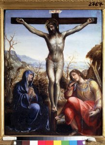 La crucifixion avec la Vierge et Jean Baptiste (Bakire ve Vaftizci Yahya ile çarmıha gerilme). Haç üzerinde ""I.N.R.I."" (INRI) yazısı. Sodoma (veya Giovanni Antonio Bazzi) tarafından boyama by Giovanni Antonio Bazzi Sodoma