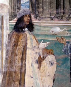 Aziz Benedict kırık bir elek tamir ediyor Sanatçının otoportresi - Antonio Bazzi dit il Sodoma (1477 - 1549) tarafından gerçekleştirilen ve Benedictine Tarikatı 1503