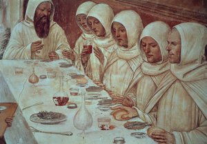 St Benedict bol un elde etti ve keşişleri besledi, St Benedict
