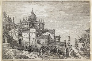 Kilise, Evler ve Değirmenli Manzara by Giovanni Antonio Canal