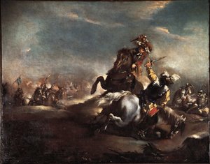 Şövalyelerin Düellosu (Dövüşen Şövalyeler) Tablosu Giovanni Antonio Guardi (1699-1760) Venedik Museo Correr