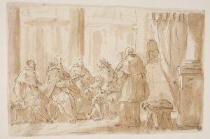 Bir meslekten olmayanla konuşan beş din adamından oluşan bir grup by Giovanni Antonio Pellegrini