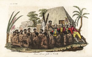Hawaii yerlileri, 12 rahibin önünde Kaptan James Cook'a kurbanlık bir domuz ve kutsal Orono evinde tahta bir idol sunar. Giulio Ferrario'nun Tüm Halkların Eski ve Modern Kostümlerinden John Webber'den sonra Sasso tarafından oyulmuş elle boyanmı