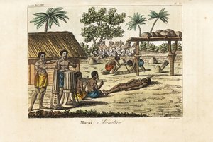 Kutsal bir marae (Morai) veya mezarlık, Tahiti'de insan kurban etme. Solda davulcular, domuz bağlı bir kurban ve bir yığın insan kafatası ve ok kılıfının önünde bir mezar kazan iki mezar kazıcı. John Webber'den sonra Sasso tarafından oyulmuş elle b