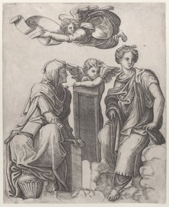 Bir meleği çevreleyen bulutlarda oturan iki kadın figürü ve yukarıda uçan bir diğeri ..., yaklaşık. 1510-25. by Giovanni Antonio da Brescia