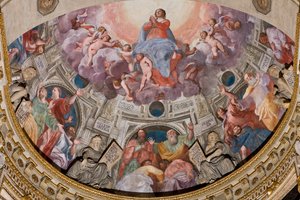 Cenova, Duomo (Aziz Lawrence Katedrali), iç mekan, Lercari Şapeli veya Kutsal Ayin Şapeli (Kuzey apsis), apsis: "Bakirenin Göğe Kabulü", Bergamasco olarak bilinen Giovanni Battista Castello tarafından yapılan fresk