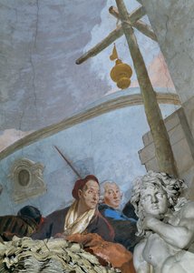 Bir otoportre, köşe kartuşunun üzerine eğilmiş, bitkin ve çok yaşlanmış bir Tiepolo