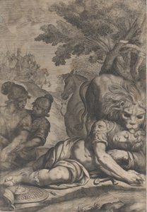 Sağda düşmüş bir süvarinin tepesinde bir aslan, solda diğer iki asker, 1640-70.