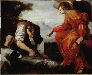 Tobie Başmelek Raphael ile Buluşuyor (Tobias Başmelek Raphael ile Buluşuyor) Tablo Giovanni Battista Carlone (1592-1677) 17. yüzyıl Genleri, Musei di Strada Nuova (eski Palazzo Bianco)