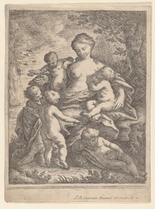Beş çıplak çocukla çevrili bir manzarada oturan Charity, 1692-1727. by Giovanni Battista Catenaro