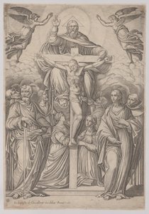 Üçlü Birlik, merkezde çarmıha gerilmiş ve iki yanında azizler, 1586. by Giovanni Battista Cavalieri