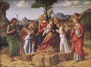 Holy Conversation (The Holy Family surrounded by angels, Saint Lucy and Saint John the Baptiste), stopping before the flight to Egypt, c.1490 