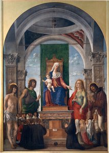 Madonna ve Çocuk, St. Sebastian, St. John the Baptist, St. Mary Magdalene, St. Roch ve San Giovanni Evangelista Cemaati Üyeleri ile Enthroned by Giovanni Battista Cima da Conegliano