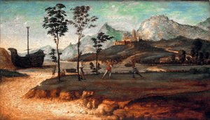 "İki Adamın Dövüştüğü Kıyı Manzarası" (İki Adamın Dövüştüğü Kıyı Manzarası) Tablo Giovanni Battista Cima da Conegliano (1459-1517 dolaylarında), c 1510 - Ahşap üzerine yağlı boya, 32x53 - Staatliche Museen, Berlin by Giovanni Battista Cima da Conegliano