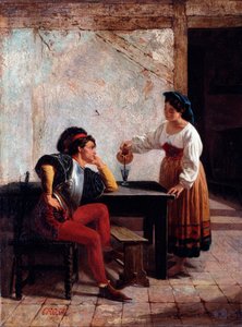 Bir handa genç hizmetçi ve bir asker Tablo Giovanni Battista Crosa (1859 ve 1882 arasında aktif) 1865 Dim 98x64 cm Genes, Galleria d