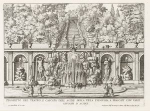 Cascade en Teatro delle Acque in de tuinen van de Villa Torlonia te Frascati Villa Ludovisia tiyatrosu ve şelalesinin prospektüsü (...) (nesne üzerindeki başlık) Frascati villalarının çeşmeleri (dizi başlığı) Fonteinen van Frascati (dizi adı) by Giovanni Battista Falda