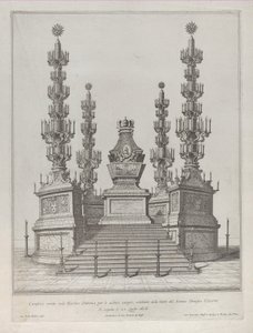 Papa Clement X için Katafalk: 15 basamaklı bir platform üzerinde yükseltilmiş merkezi bir yapı, c..., 1676. by Giovanni Battista Falda