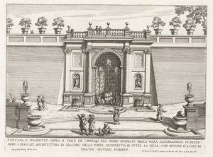Fontein in de tuinen van de Villa Aldobrandini te Frascati Çeşmesi ve selvi caddesinin üzerindeki yükseklik (...) (nesne üzerindeki başlık) Frascati villalarının çeşmeleri (dizi başlığı) Fonteinen van Frascati (dizi başlığı) by Giovanni Battista Falda