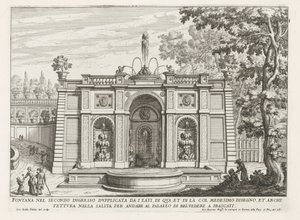 Fontein in de tuinen van de Villa Aldobrandini te Frascati İkinci girişteki çeşme kenarlardan ikiye katlanmıştır (...) (nesne üzerindeki başlık) Frascati villalarının çeşmeleri (dizi başlığı) Fonteinen van Frascati (dizi adı) by Giovanni Battista Falda