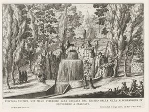 Fontein in de tuinen van de Villa Aldobrandini te Frascati Tiyatronun şelalesindeki üst kattaki rustik çeşme (...) (nesne üzerindeki başlık) Frascati villalarının çeşmeleri (dizi başlığı) Fonteinen van Frascati (dizi adı) by Giovanni Battista Falda