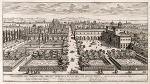 Roma'daki Villa Medici bahçelerinin perspektifi, Giovanni Battista Falda'nın (1640 veya 1643-1678) Li Giardni'den (Bahçeler) gravürü