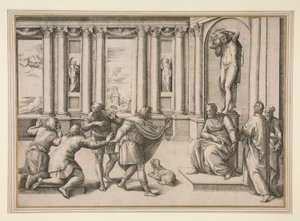 Baküs Heykeli Altında Oturan Adam, Seyirci Karşılıyor by Giovanni Battista Franco (called Il Semolei)