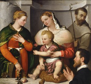 Aziz Catherine, Aziz Francis ve Donör ile Madonna ve Çocuk, c.1550 (tuval üzerine yağlı boya) by Giovanni Battista Moroni