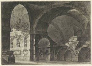 Beşik tonozlu ve kubbeli bir alt yapıya sahip büyük bir antik binanın içi by Giovanni Battista Piranesi (attributed to)