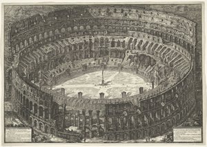 Colosseum te Rome Colosseum olarak bilinen Flavian Amfitiyatrosu'nun görünümü (nesne üzerindeki başlık) Gezichten op Rome (dizi başlığı) Giambattista Piranesi mimarı Ve (nez) iano (dizi başlığı) tarafından tasarlanan ve oyulan Roma'nın görünümleri by Giovanni Battista Piranesi